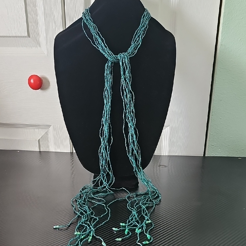 Boho Teal Multi-Strand Seed Bead Tie Necklace | Fringe Lariat | 30" Drop
